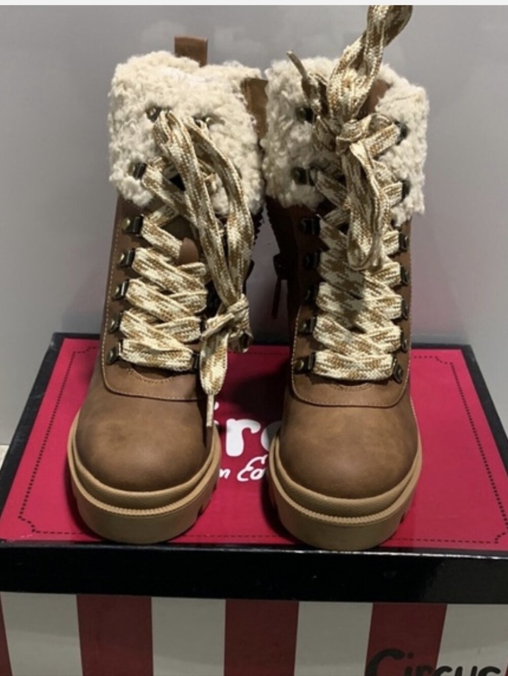 Circus by Sam Edelman Brown Faux-Shearling Lace-Up Ankle Boots